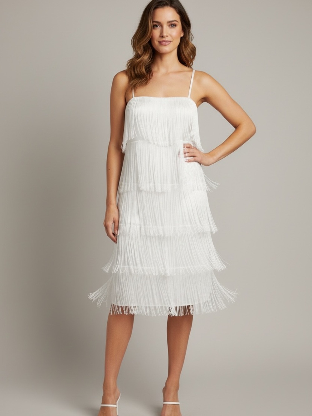White Fringe Dress with Spaghetti Straps
